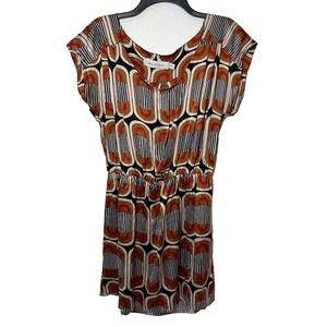 T-Bags Silk Abstract Short Sleeve Mini Dress Womens M Brown Elastic Waist Casual
